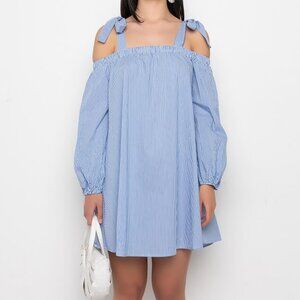 Akira BLUE WHITE STRIPE OFF THE SHOULDER DRESS- Size Small